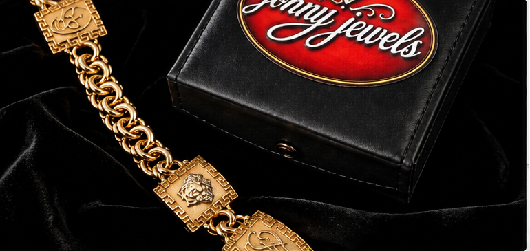 Jonny Jewels gold chain on black velvet beside the branded box