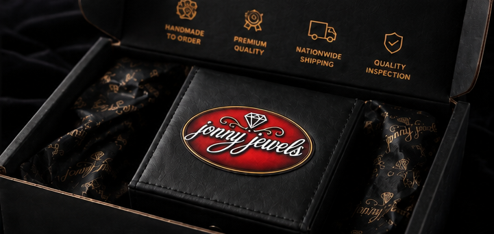 Open Jonny Jewels packaging box with branded pouches