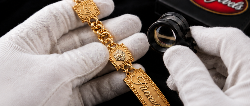 White-gloved hands inspecting gold jewelry with a loupe