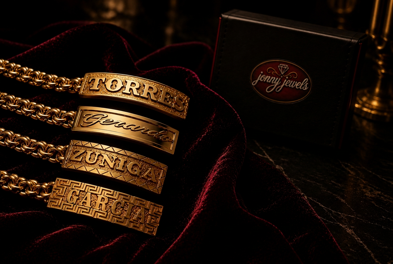 Cinematic Jonny Jewels gold esclavas on burgundy velvet with branded box